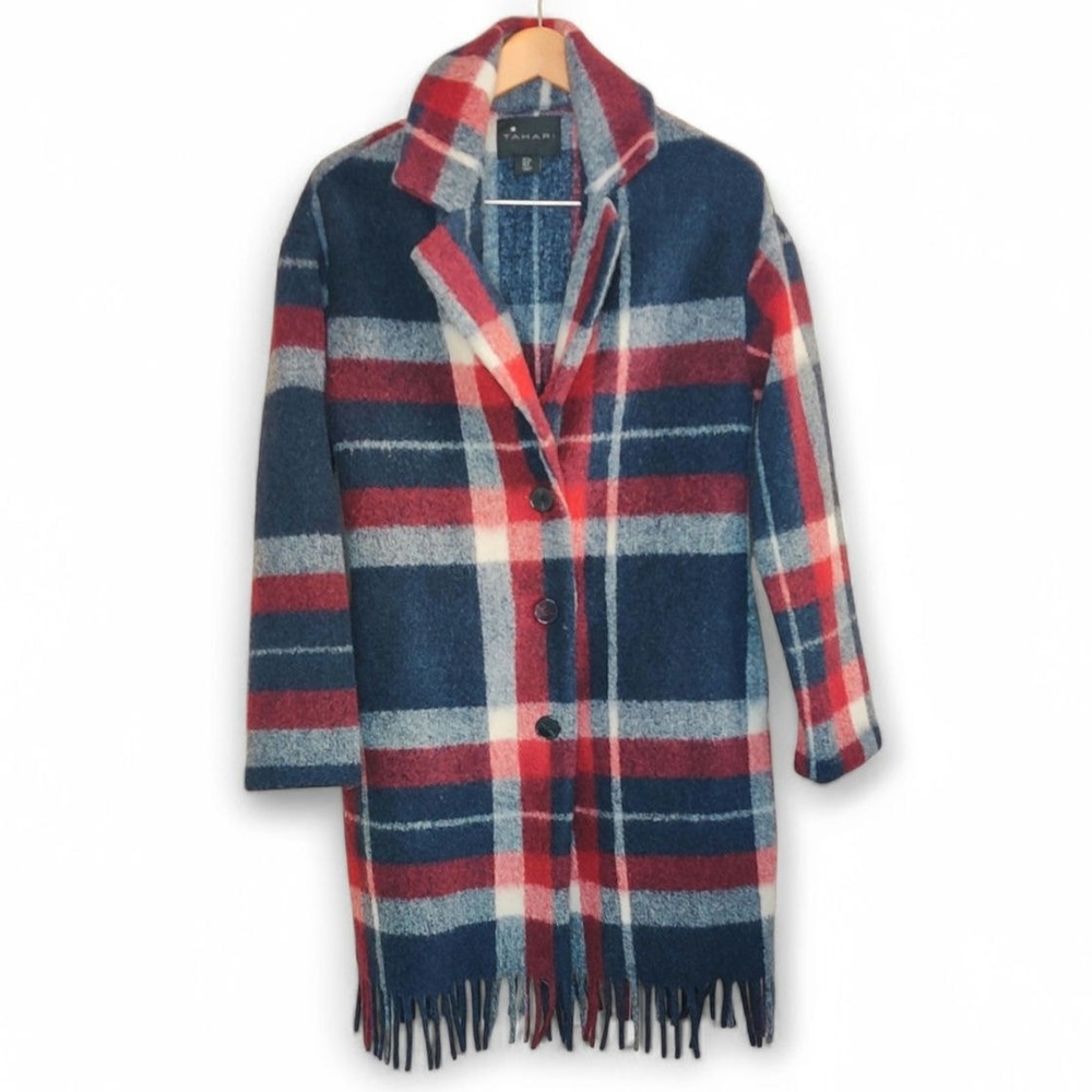 Tahari Buffalo Plaid‎ Americana Red White and Blue Wool Coat Fringe